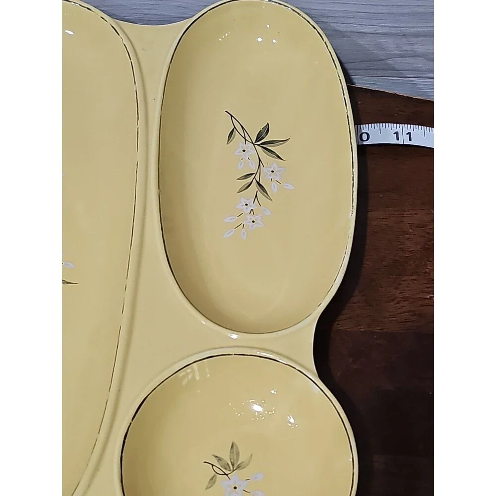 Vintage MCM Yellow 3-Section Divided Relish Dish Serving Tray White Floral Gold
